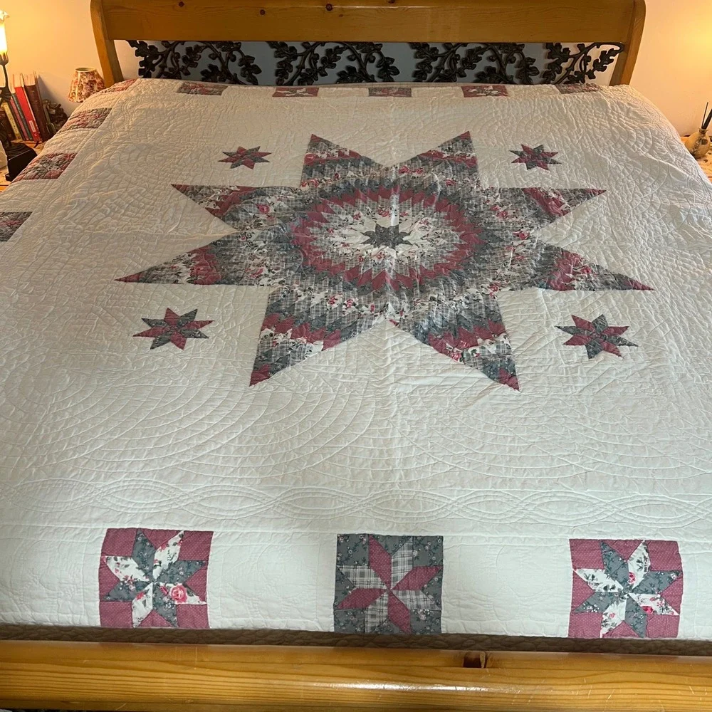 VTG quilt Lone Star Patchwork Quilt Pink Blue Floral Farmhouse Bedding 81